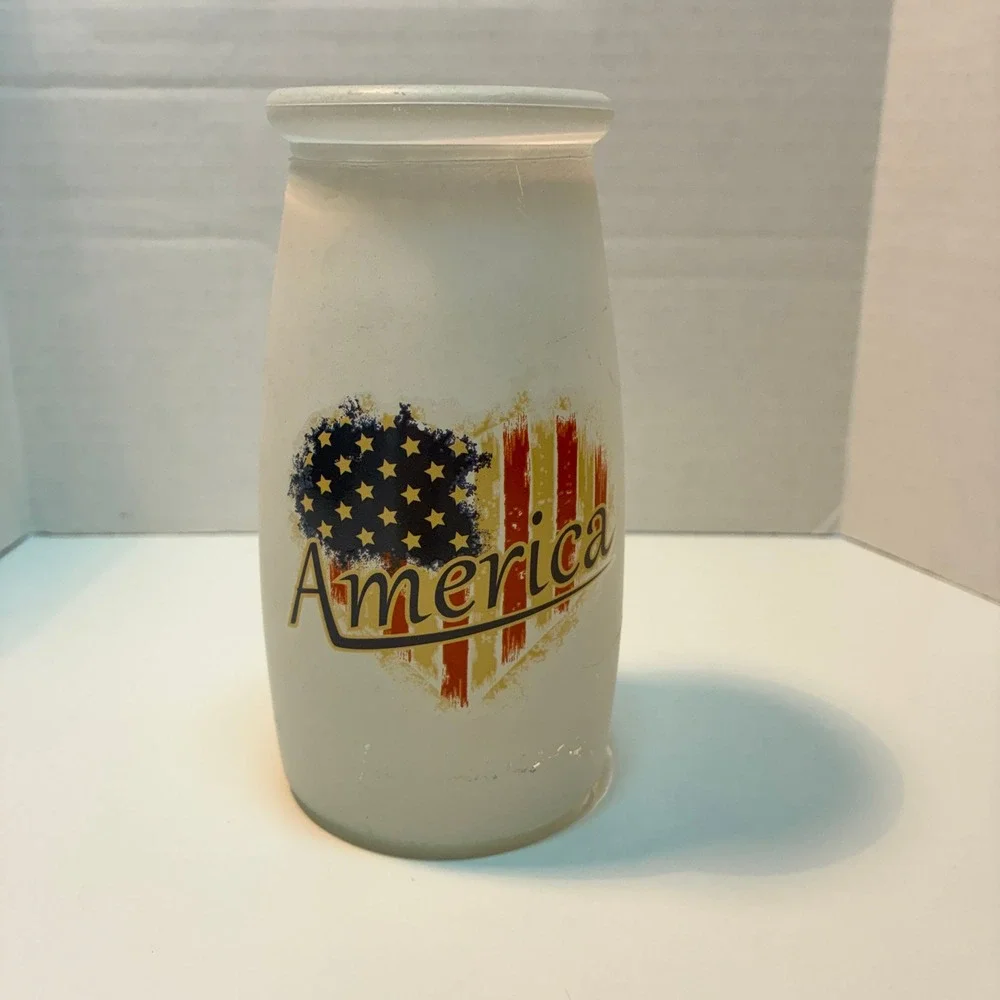 USA Patriotic America Flag Frosted Glass Can Shaped Tumbler 4th July Decor Party